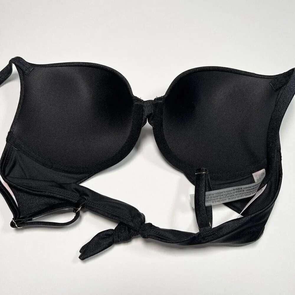 Victoria Secret 36DD VERY SEXY Push Up Bikini Top Shine Trim Back Tie Black